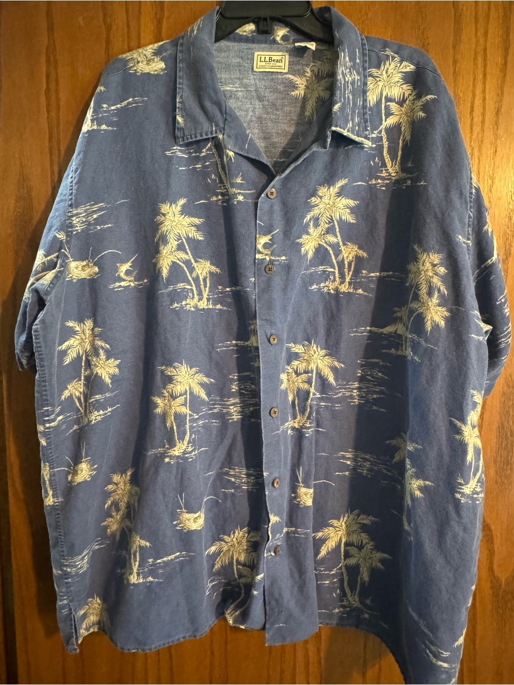 L.L. Bean Navy Short-Sleeve Palm Print Button-Down Shirt